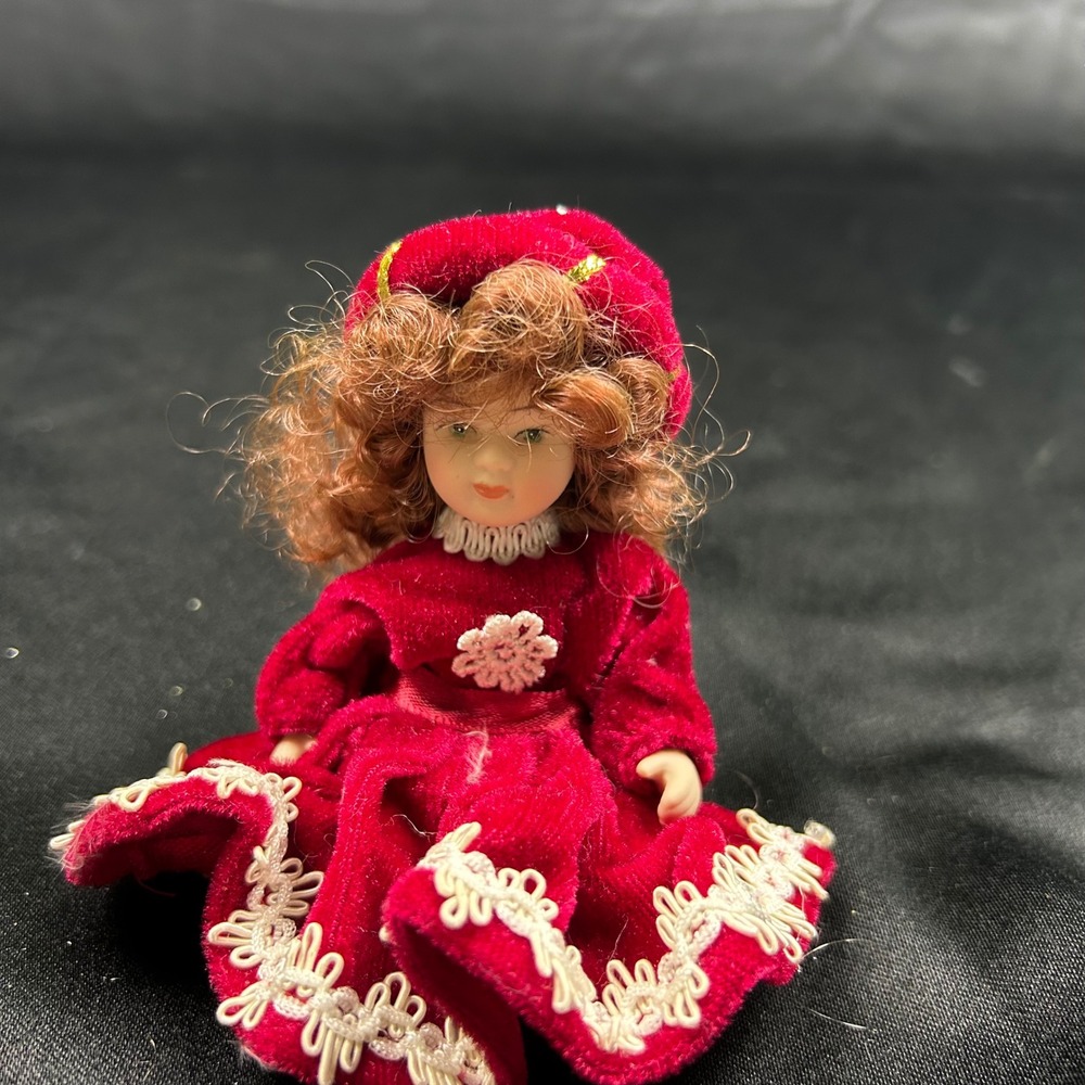Miniature Porcelain Doll Red Velvet Victorian Dress Auburn Hair 5.5 Inch